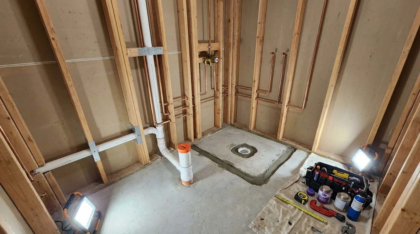 Bathroom rough-in plumbing during remodel by Johns Plumbing LLC in Carlstadt
