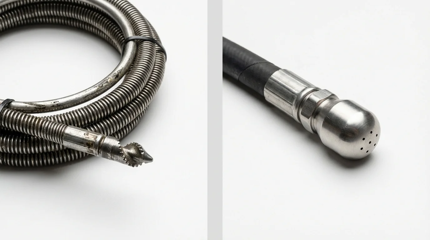 Drain snake cable and hydro jetting nozzle used for drain cleaning in Carlstadt, NJ