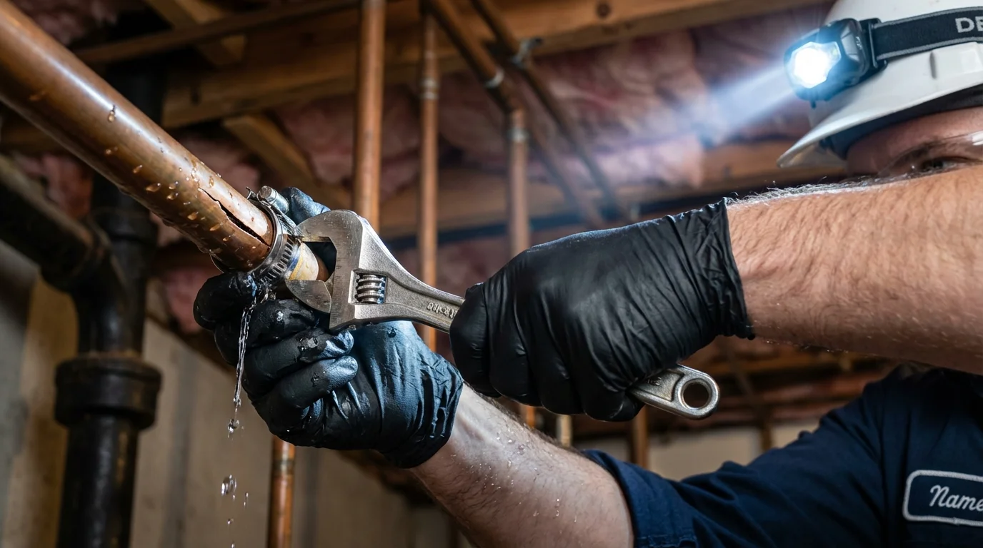 Emergency pipe clamp repair being performed by a Johns Plumbing LLC plumber in Carlstadt