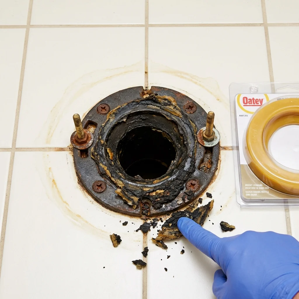 Failed wax ring showing water seepage at the base of a toilet in a Carlstadt, NJ home