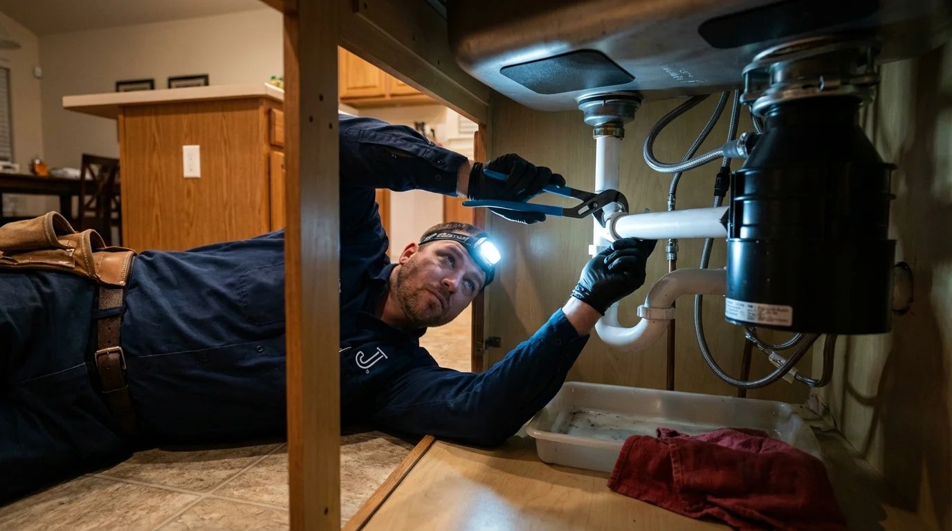 P-trap and supply line connections under a kitchen sink showing a common leak point in Carlstadt, NJ